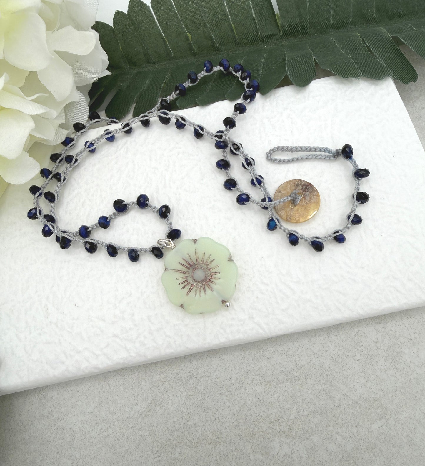 Crocheted Necklace with a Light Gray Cord, Blue Tiger's Eye Beads and a Large, Lime Green Czech Glass Flower SN-683