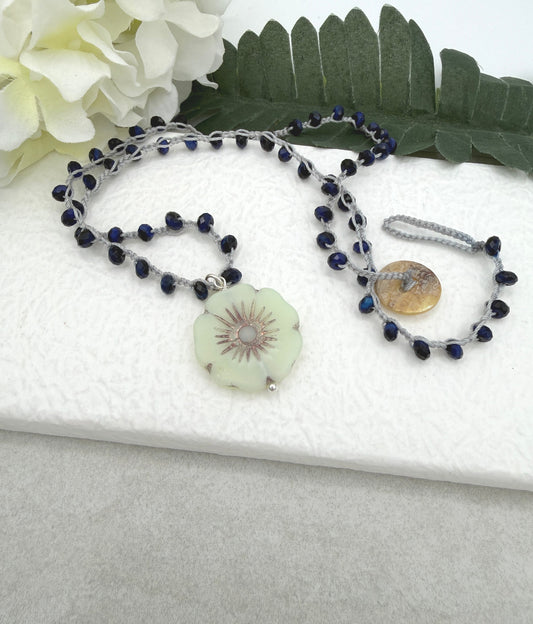 Crocheted Necklace with a Light Gray Cord, Blue Tiger's Eye Beads and a Large, Lime Green Czech Glass Flower SN-683