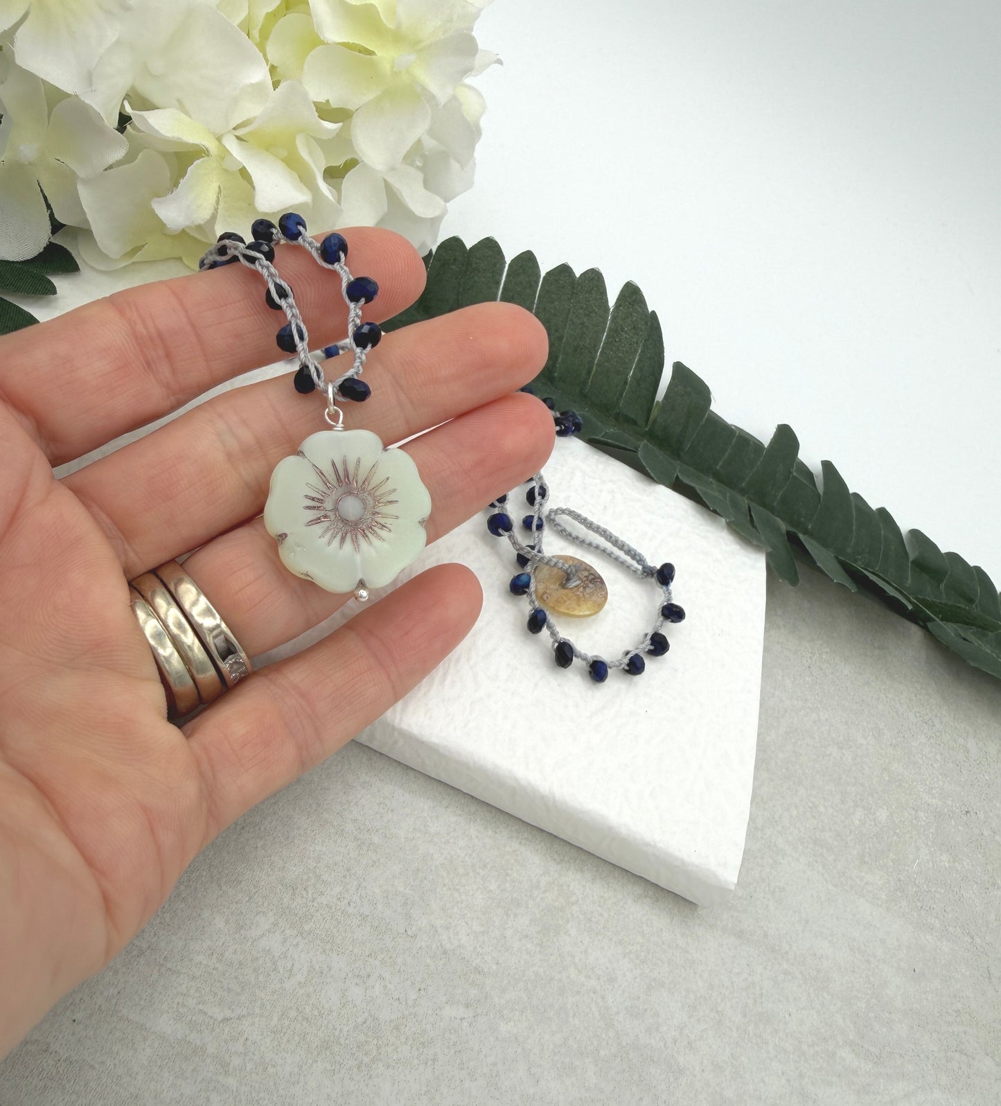 Crocheted Necklace with a Light Gray Cord, Blue Tiger's Eye Beads and a Large, Lime Green Czech Glass Flower SN-683