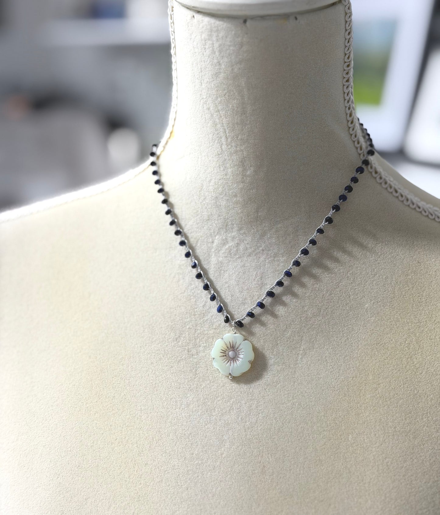 Crocheted Necklace with a Light Gray Cord, Blue Tiger's Eye Beads and a Large, Lime Green Czech Glass Flower SN-683