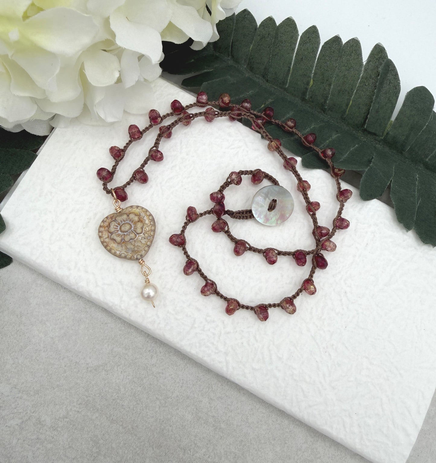Crocheted Necklace with a Brown Cord, Rose Czech Ronds and a Czech Heart and Pearl Pendant SN-648