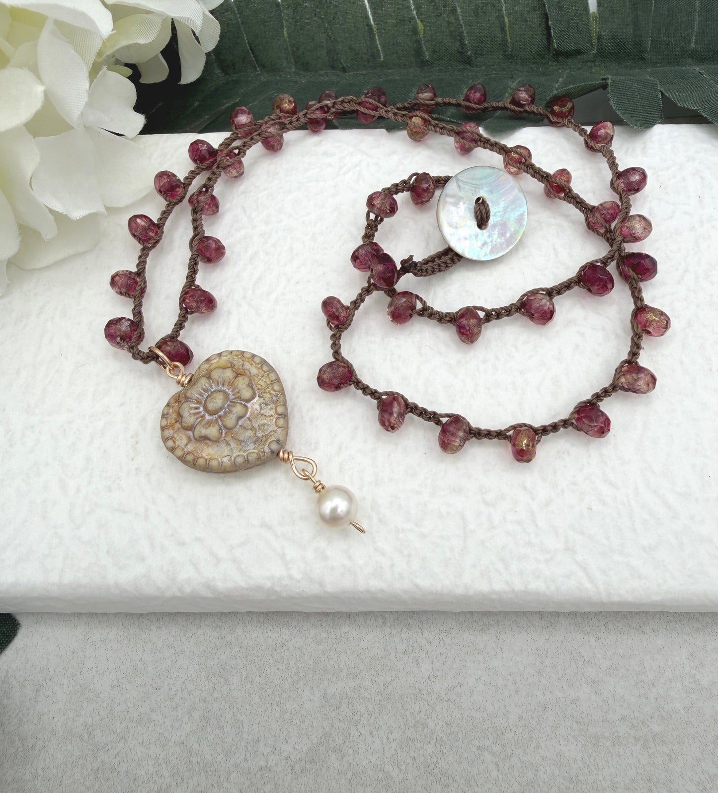 Crocheted Necklace with a Brown Cord, Rose Czech Ronds and a Czech Heart and Pearl Pendant SN-648