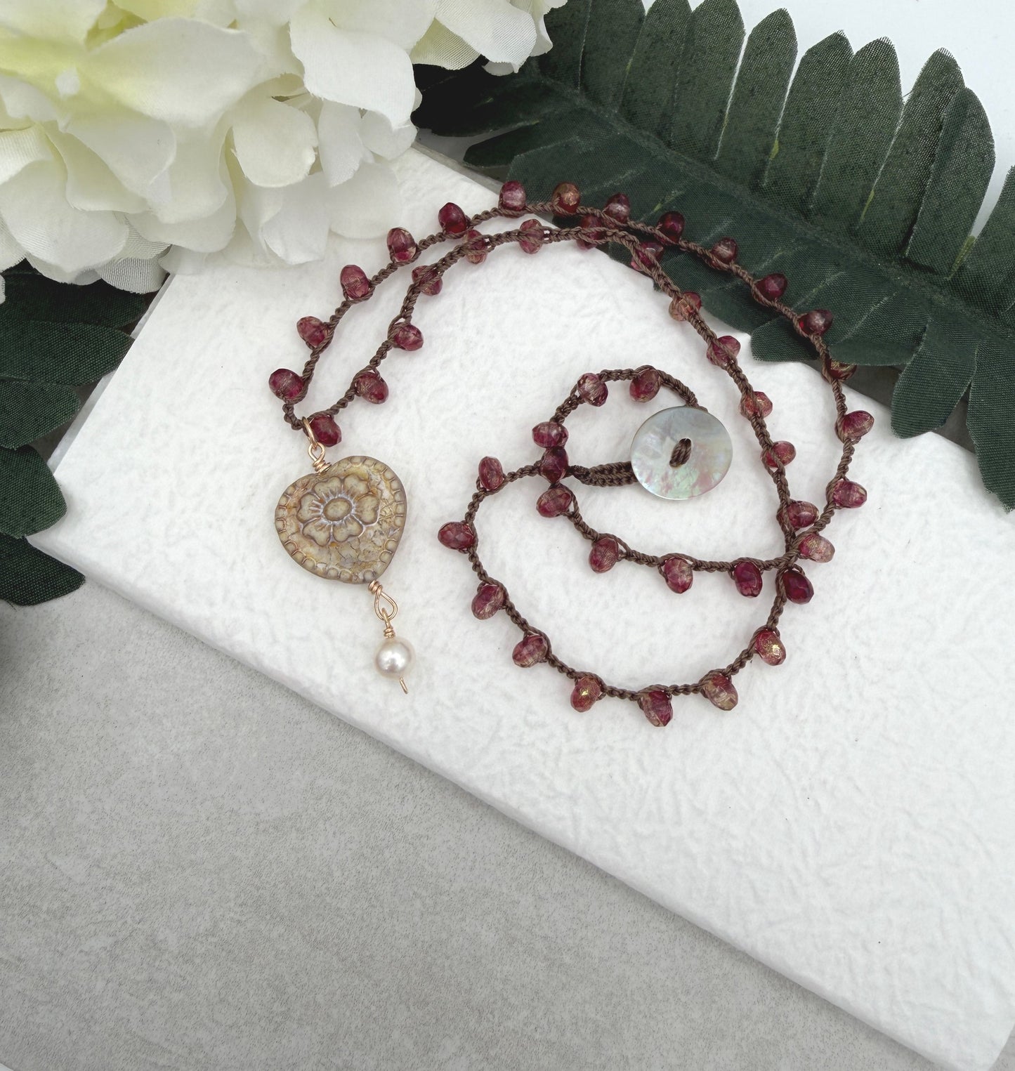 Crocheted Necklace with a Brown Cord, Rose Czech Ronds and a Czech Heart and Pearl Pendant SN-648