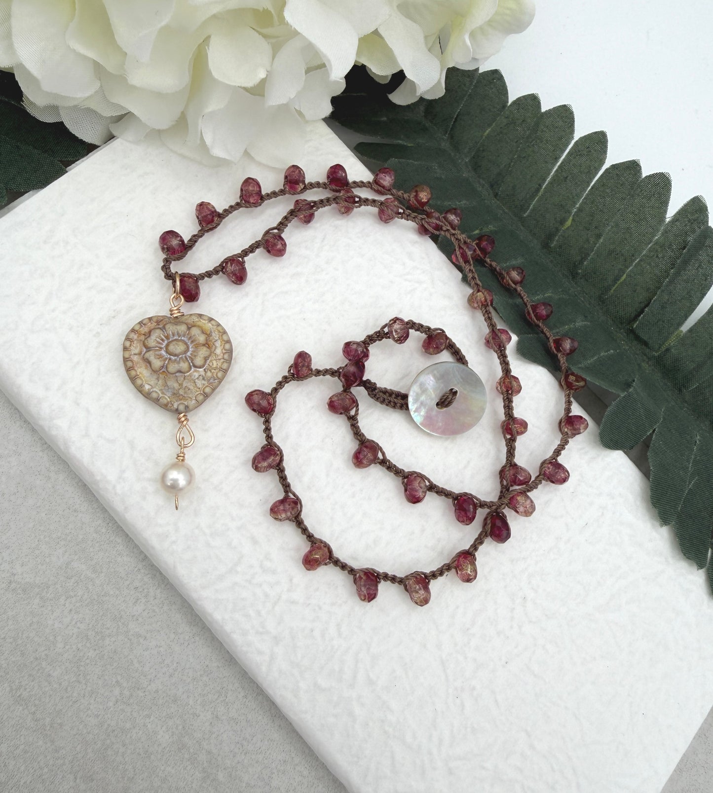 Crocheted Necklace with a Brown Cord, Rose Czech Ronds and a Czech Heart and Pearl Pendant SN-648