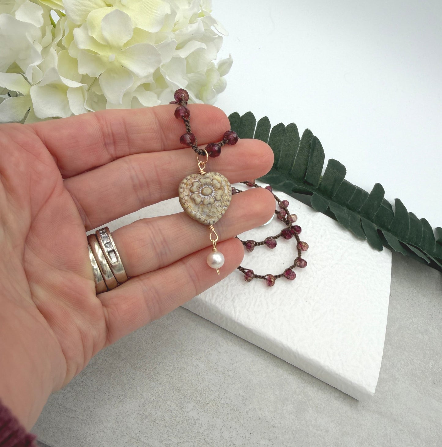 Crocheted Necklace with a Brown Cord, Rose Czech Ronds and a Czech Heart and Pearl Pendant SN-648