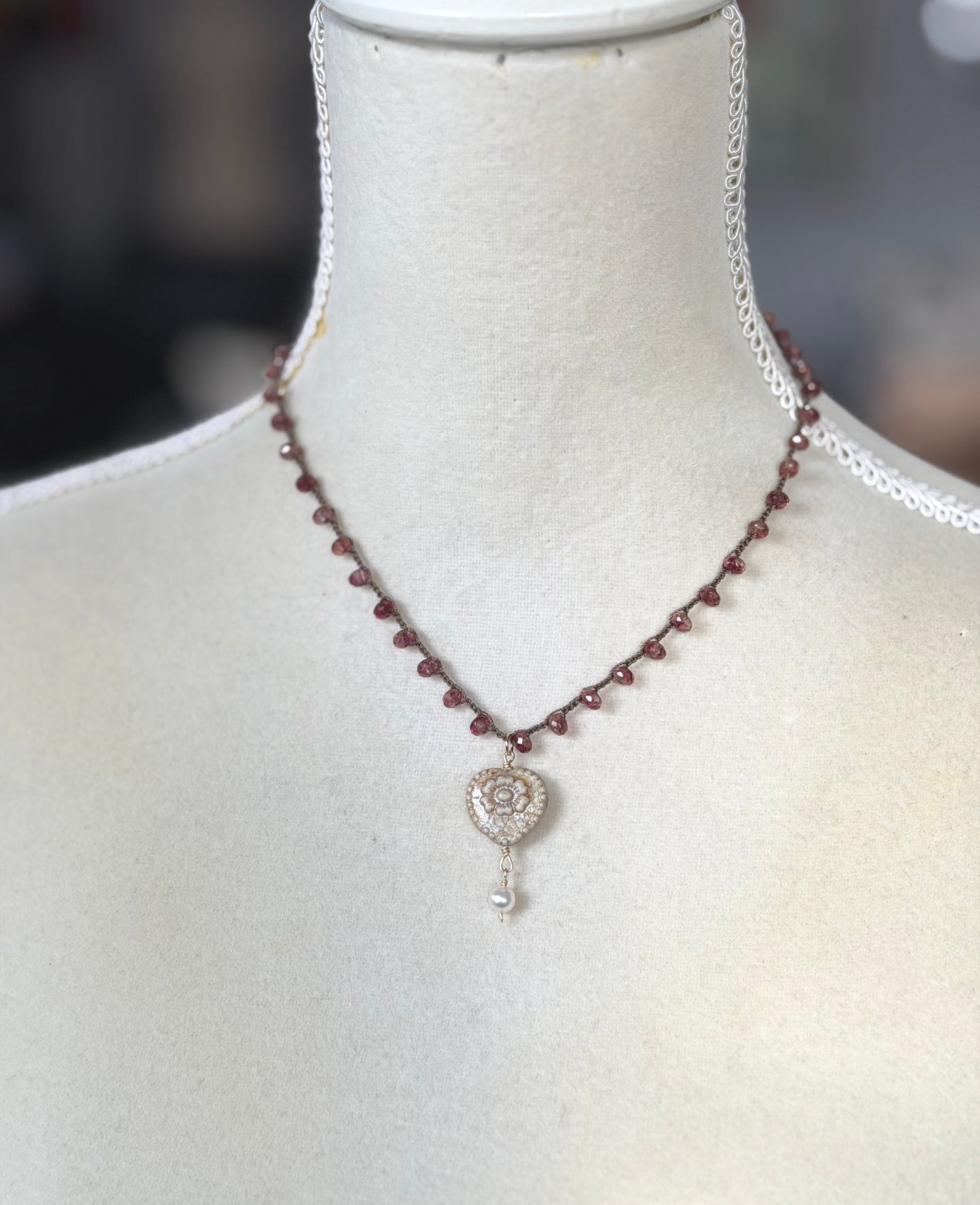 Crocheted Necklace with a Brown Cord, Rose Czech Ronds and a Czech Heart and Pearl Pendant SN-648