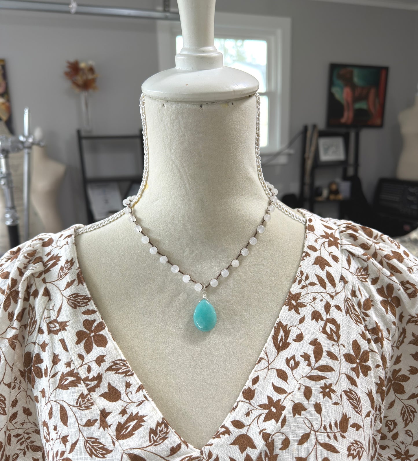 Crocheted Necklace with a Brown Cord, White Jade Beads and a Large, Aqua Jade Teardrop SN-686