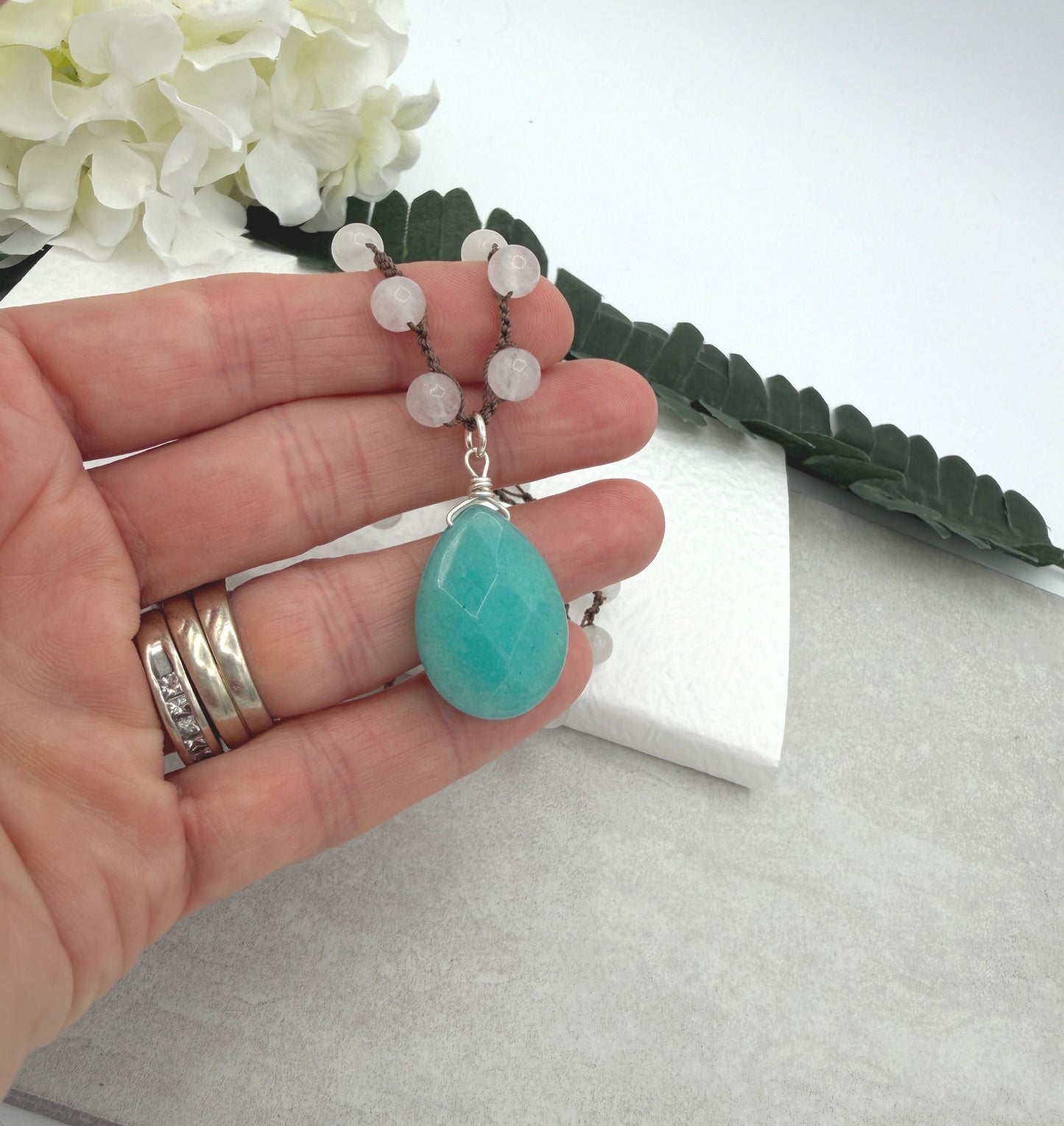 Crocheted Necklace with a Brown Cord, White Jade Beads and a Large, Aqua Jade Teardrop SN-686