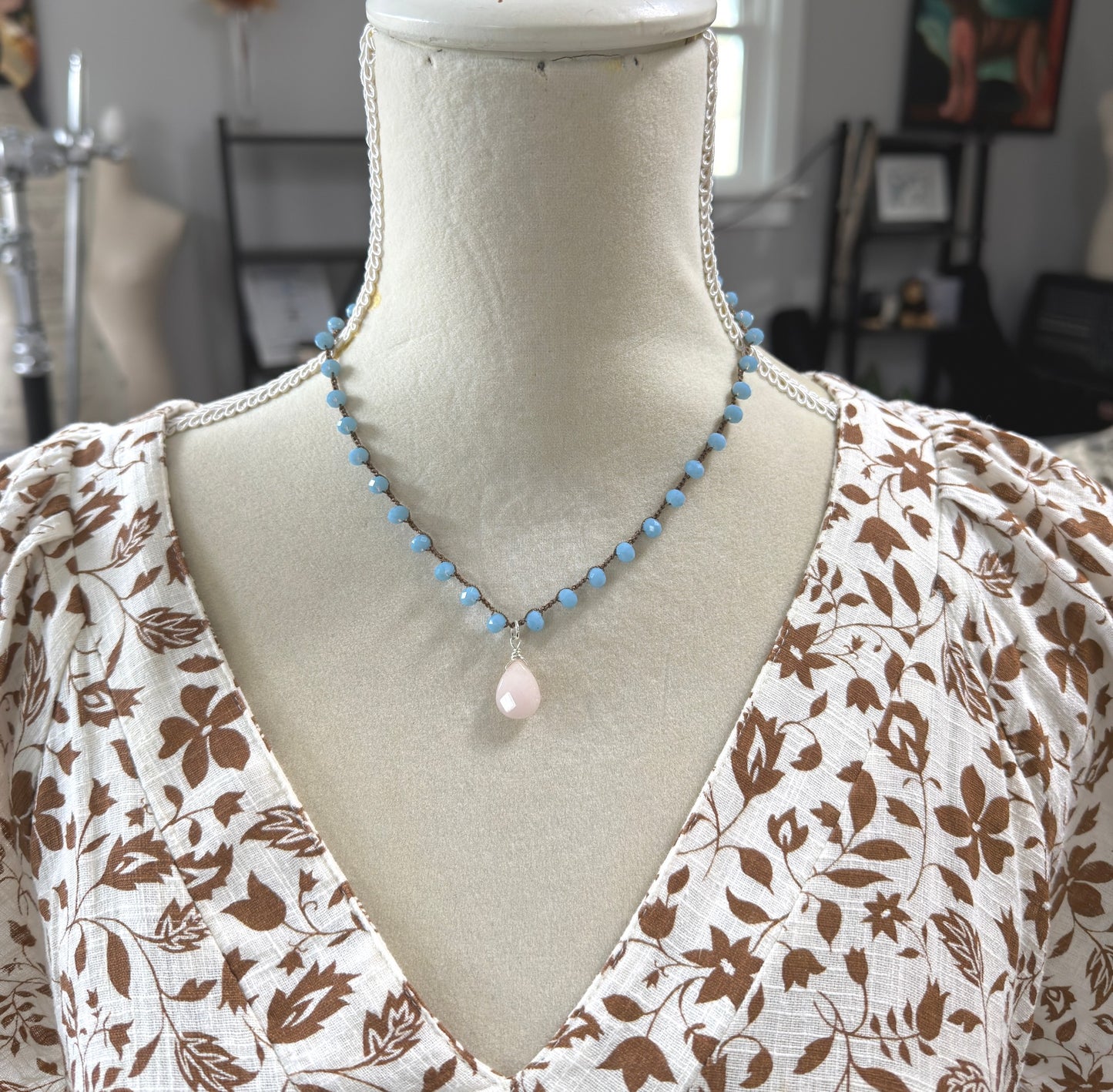 Crocheted Necklace with a Brown Cord, Blue Crystal Beads and a Pale Pink Jade Teardrop SN-687