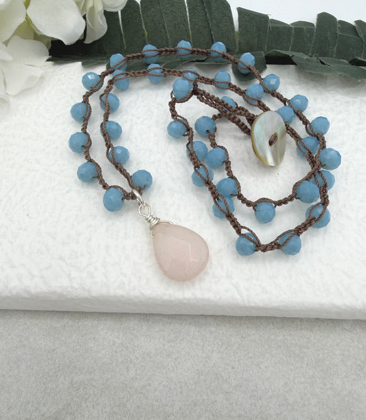Crocheted Necklace with a Brown Cord, Blue Crystal Beads and a Pale Pink Jade Teardrop SN-687