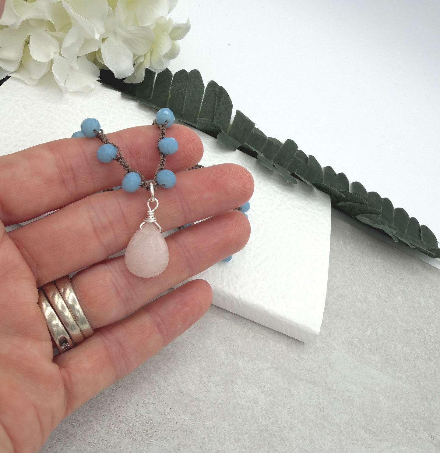 Crocheted Necklace with a Brown Cord, Blue Crystal Beads and a Pale Pink Jade Teardrop SN-687