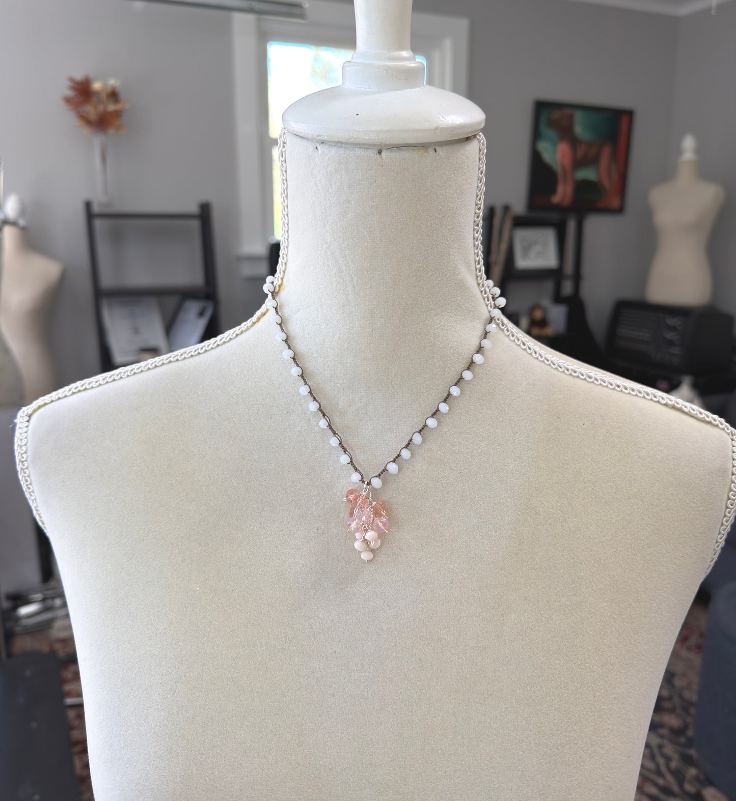 Crocheted Necklace with a Brown Cord, White Crystals and a Cluster of Pink, Peach and Cream Crystals SN-689