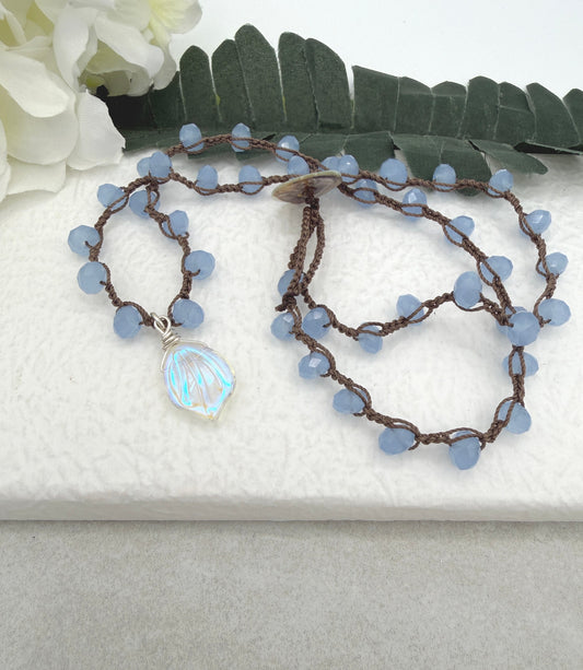 Crocheted Necklace with a Brown Cord, Blue Crystal Beads and a Clear AB Glass Leaf Bead Pendant SN-691