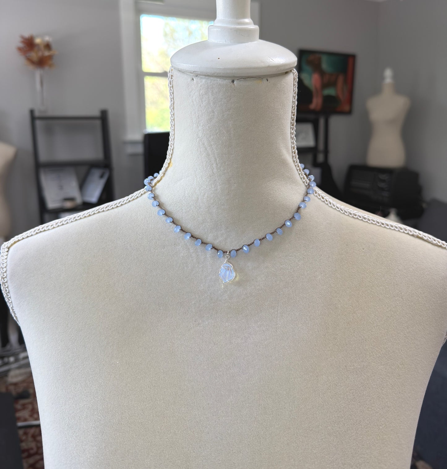Crocheted Necklace with a Brown Cord, Blue Crystal Beads and a Clear AB Glass Leaf Bead Pendant SN-691