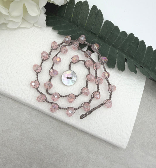 Crocheted Necklace with a Greige Cord and Pink Crystal Beads SN-693