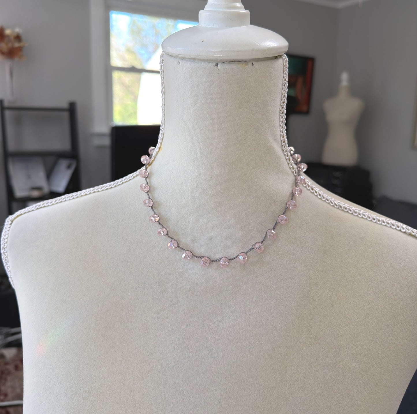 Crocheted Necklace with a Greige Cord and Pink Crystal Beads SN-693
