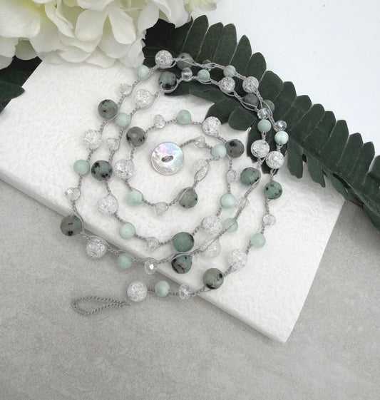 A Long Crocheted Necklace with a Light Gray Cord With Agate, Crackled Quartz and Crystal Beads SN-694