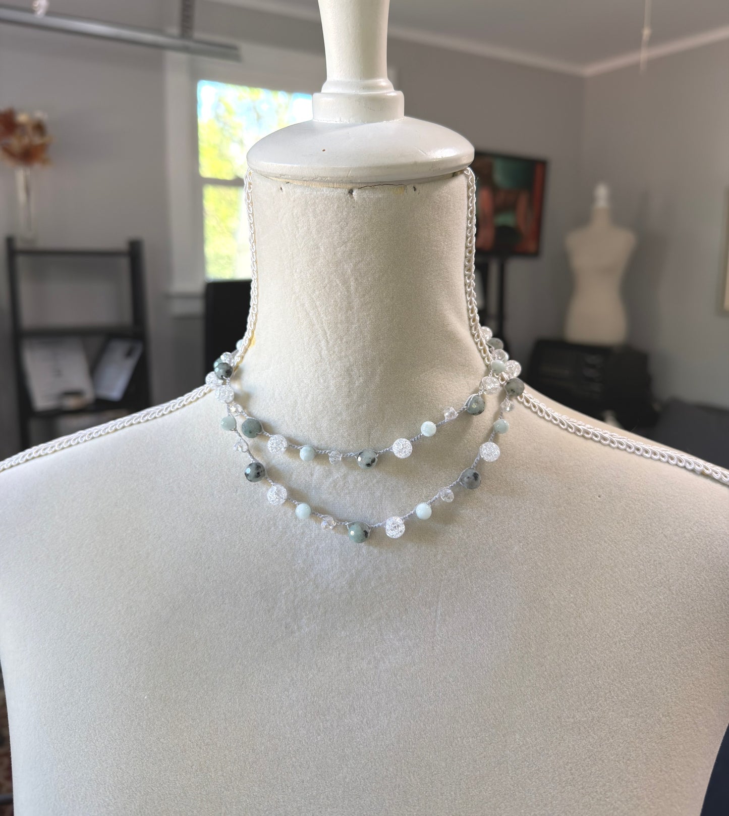 A Long Crocheted Necklace with a Light Gray Cord With Agate, Crackled Quartz and Crystal Beads SN-694