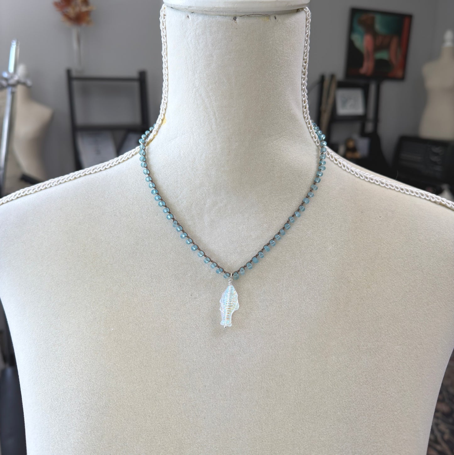 Crocheted Necklace with a Brown Cord, Blue Frosted Glass Beads and a Clear AB Glass Fish Bead Pendant SN-696
