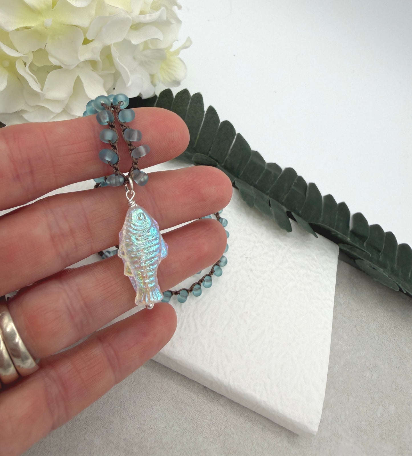 Crocheted Necklace with a Brown Cord, Blue Frosted Glass Beads and a Clear AB Glass Fish Bead Pendant SN-696
