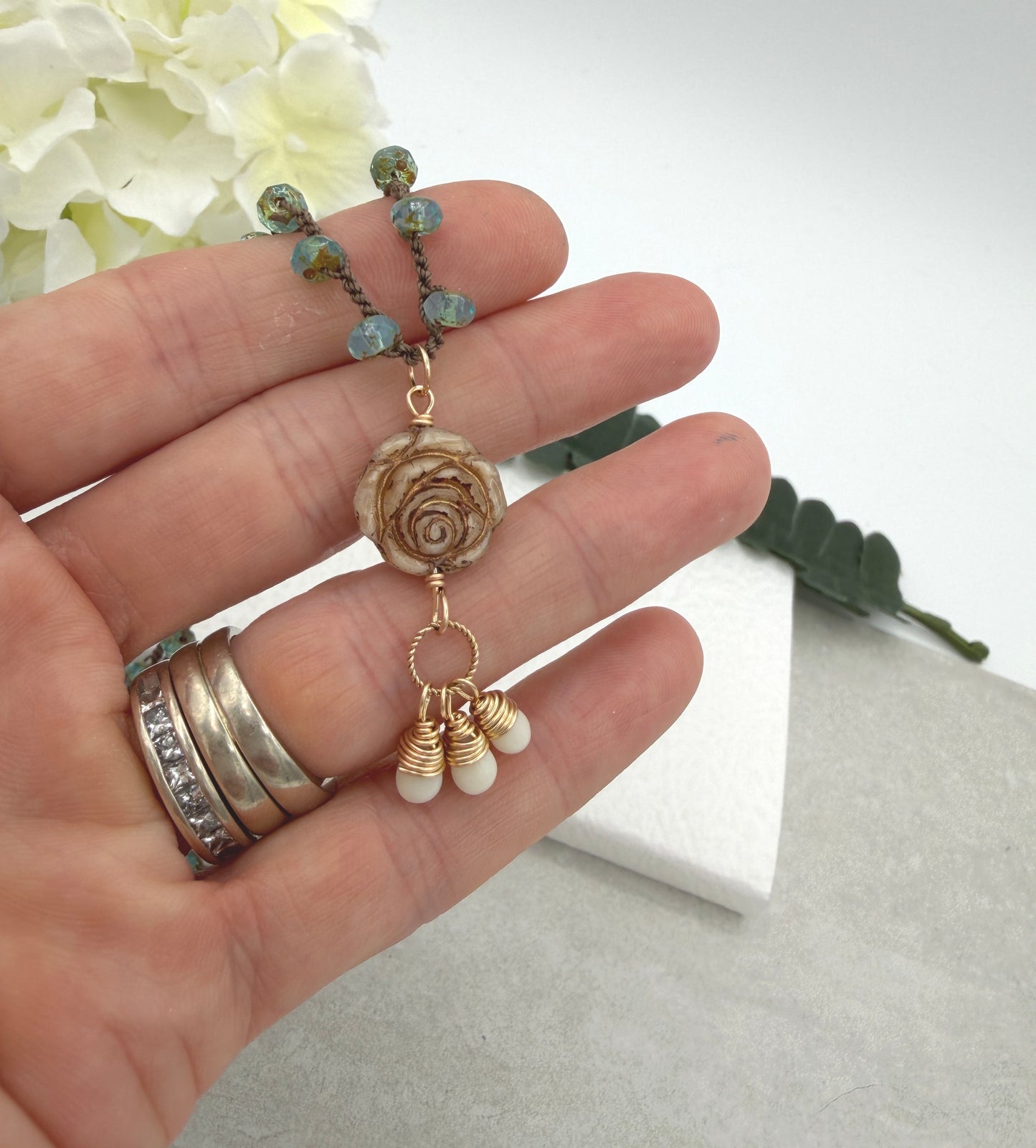 Crocheted Necklace with a Brown Cord, Aqua Glass Beads and a Czech Glass Rose, Braided Loop and Cream Glass Pendant SN-701