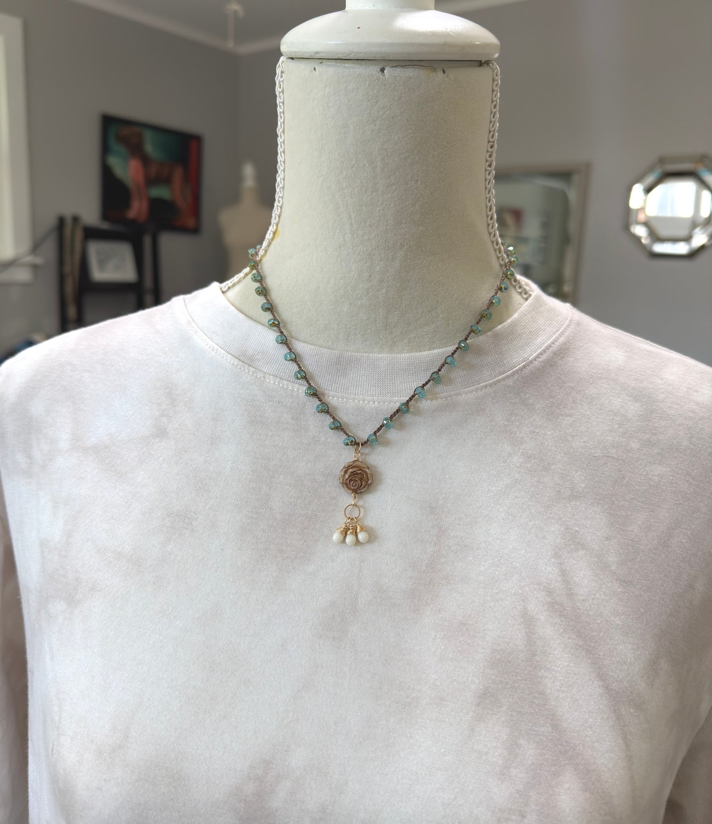 Crocheted Necklace with a Brown Cord, Aqua Glass Beads and a Czech Glass Rose, Braided Loop and Cream Glass Pendant SN-701