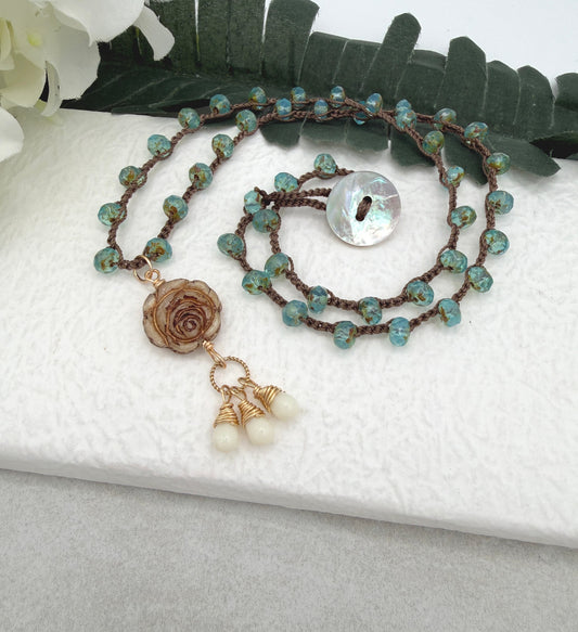 Crocheted Necklace with a Brown Cord, Aqua Glass Beads and a Czech Glass Rose, Braided Loop and Cream Glass Pendant SN-701