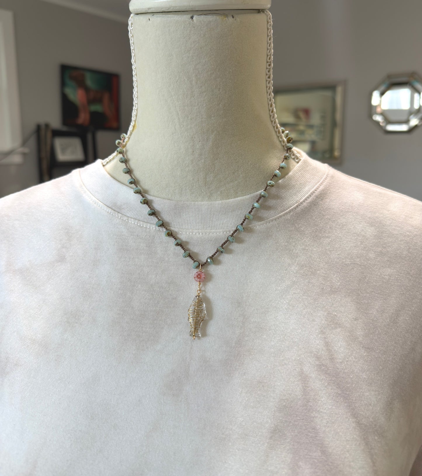 Crocheted Necklace with a Brown Cord, Blue Glass Beads, a Czech Glass Pink Flower, and Gold Glass Fish Bead