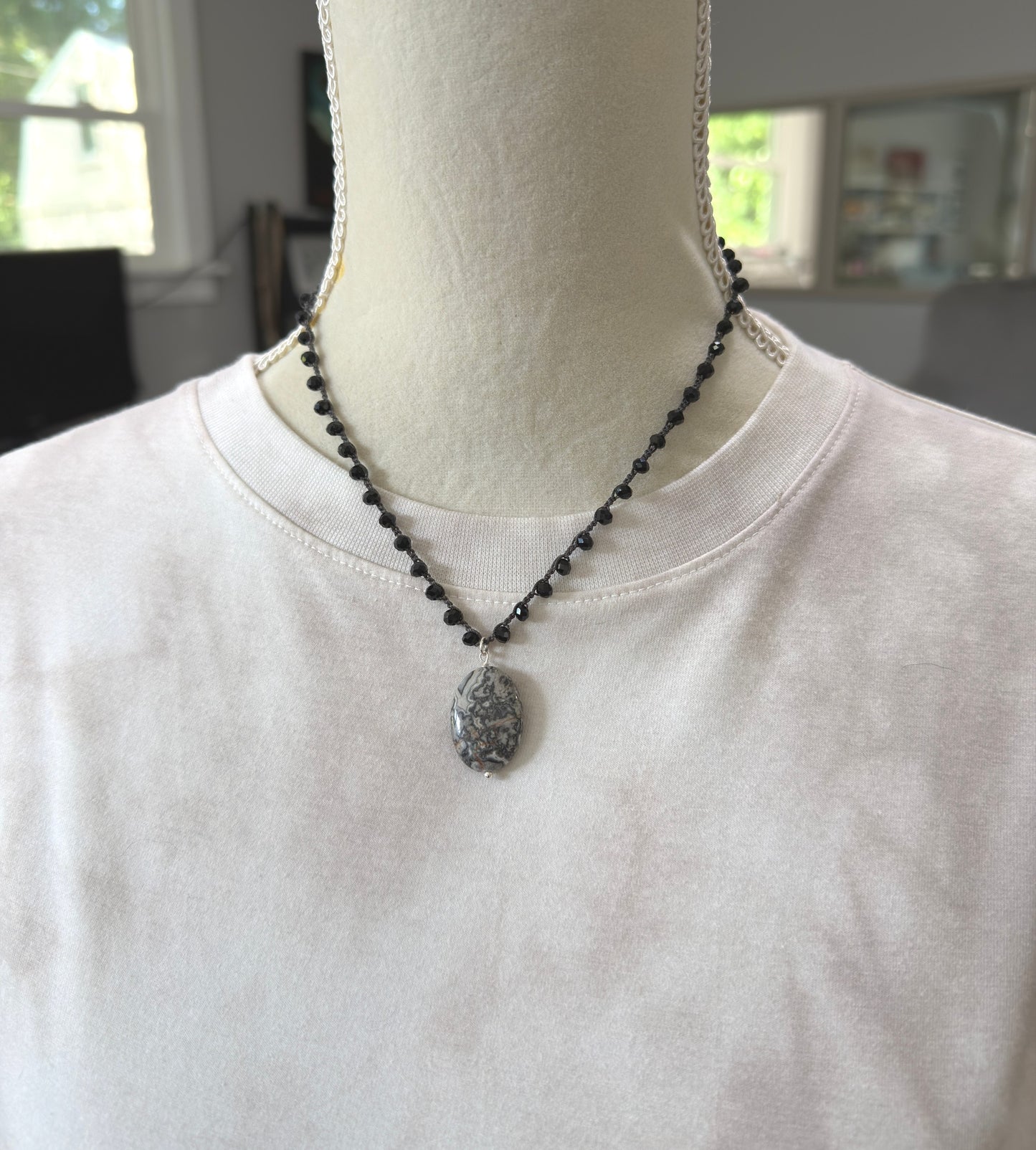 Crocheted Necklace with a Dark Gray Cord, Black Crystal Beads and a Silver Leopard Jasper Pendant SN-703