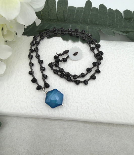 Crocheted Necklace with a Dark Gray Cord, Black Crystal Beads and a Blue Crystal Hexagon Bead Pendant SN-704