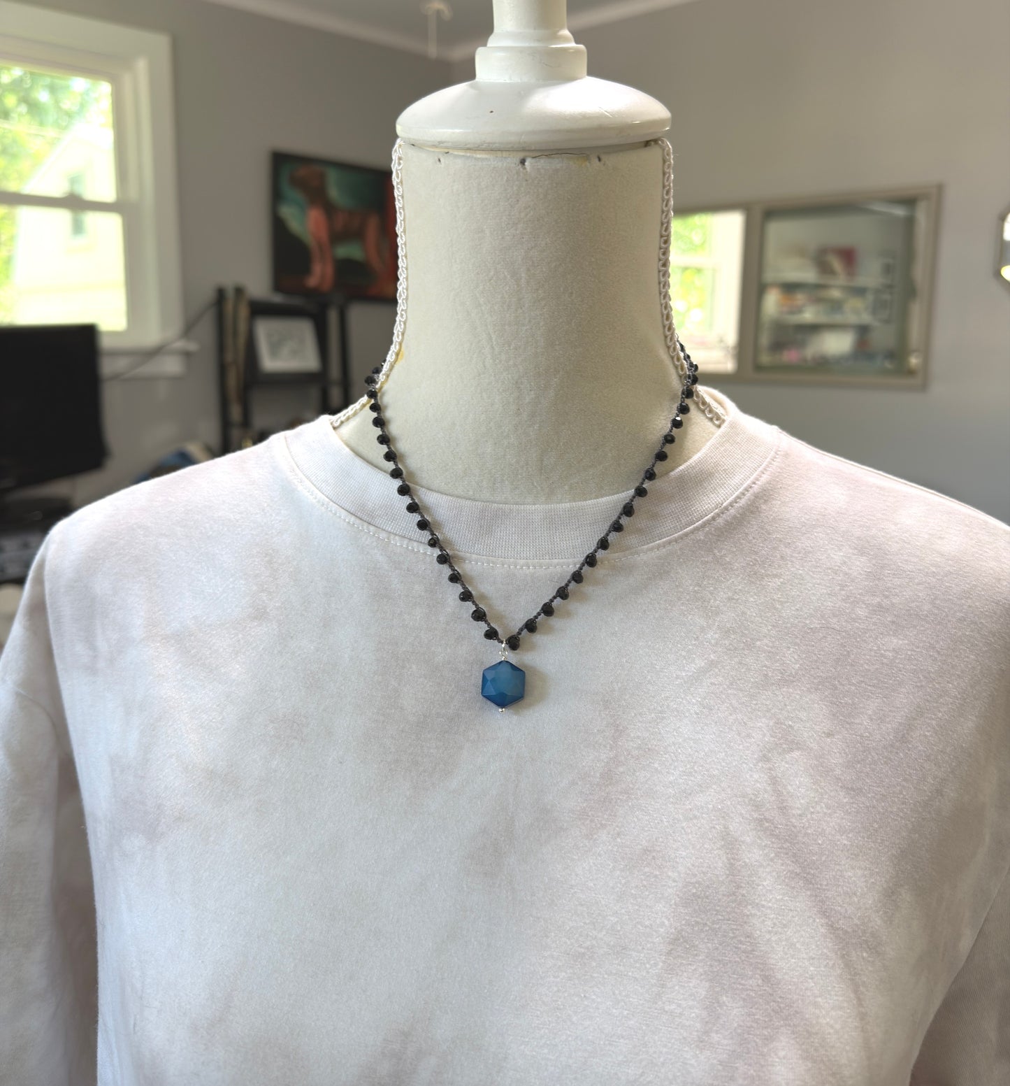 Crocheted Necklace with a Dark Gray Cord, Black Crystal Beads and a Blue Crystal Hexagon Bead Pendant SN-704