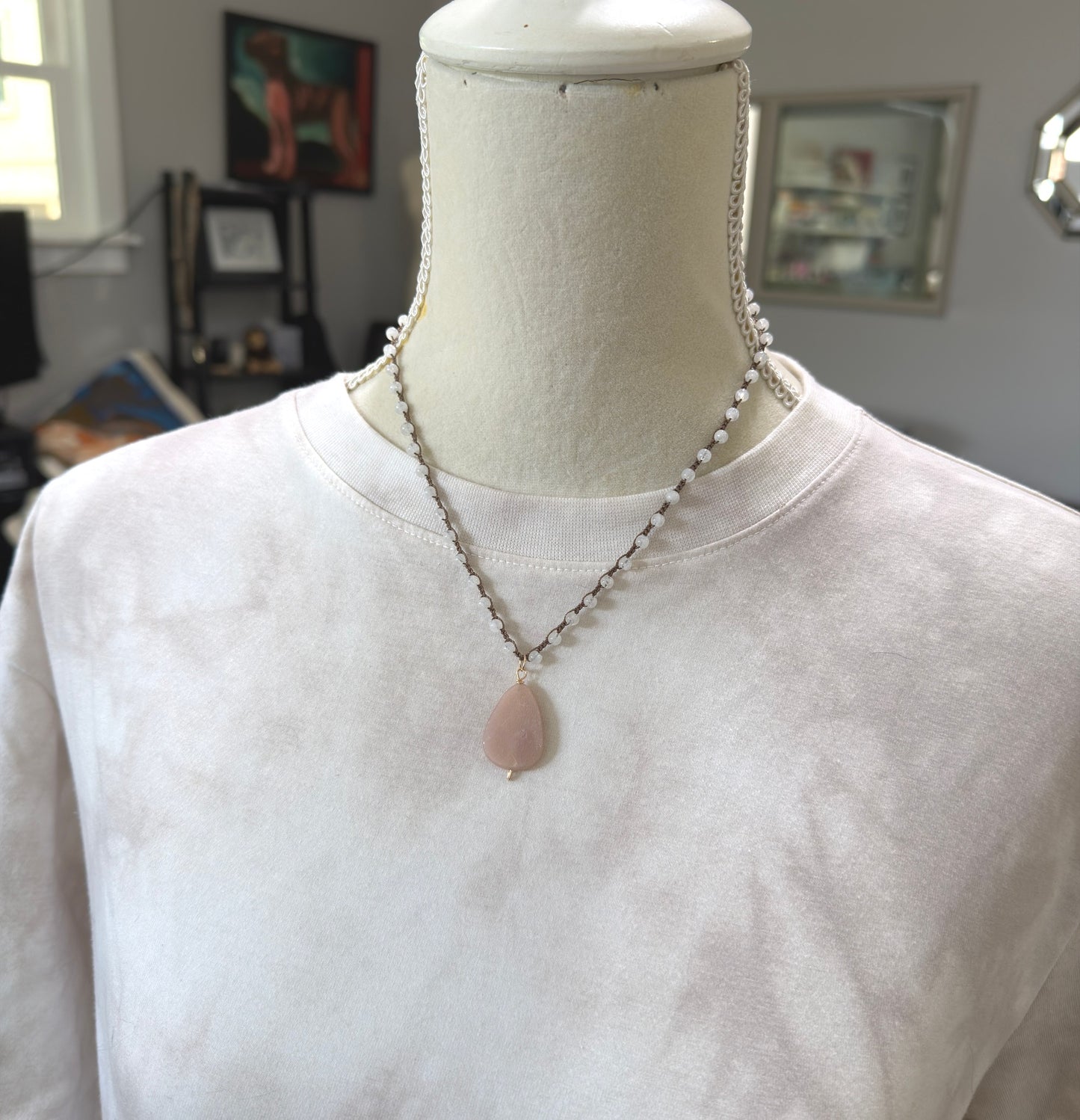 Crocheted Necklace with a Brown Cord, Moonstone Beads and a Peach Moonstone Pendant SN-706