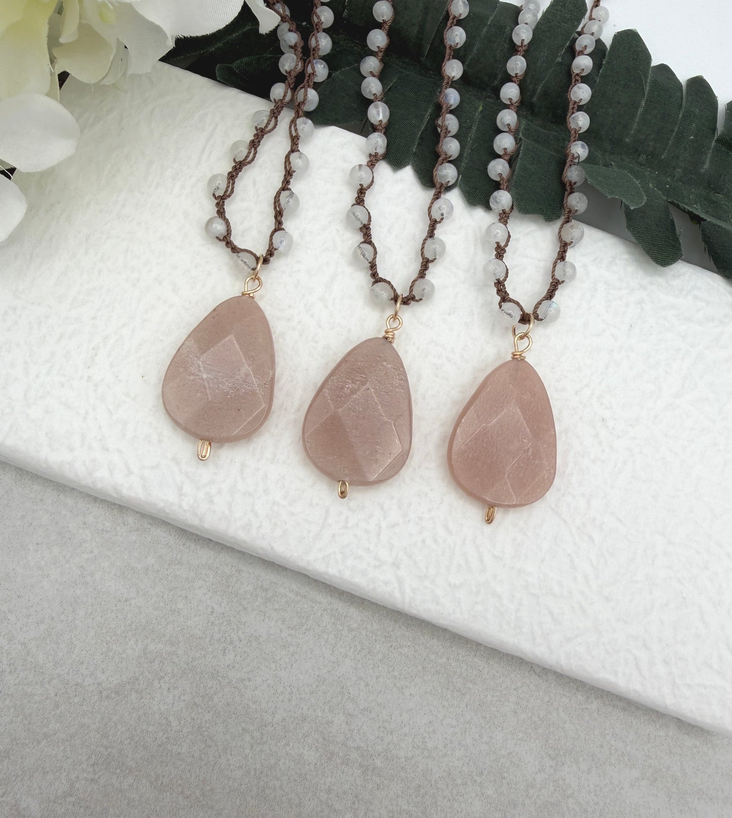 Crocheted Necklace with a Brown Cord, Moonstone Beads and a Peach Moonstone Pendant SN-706