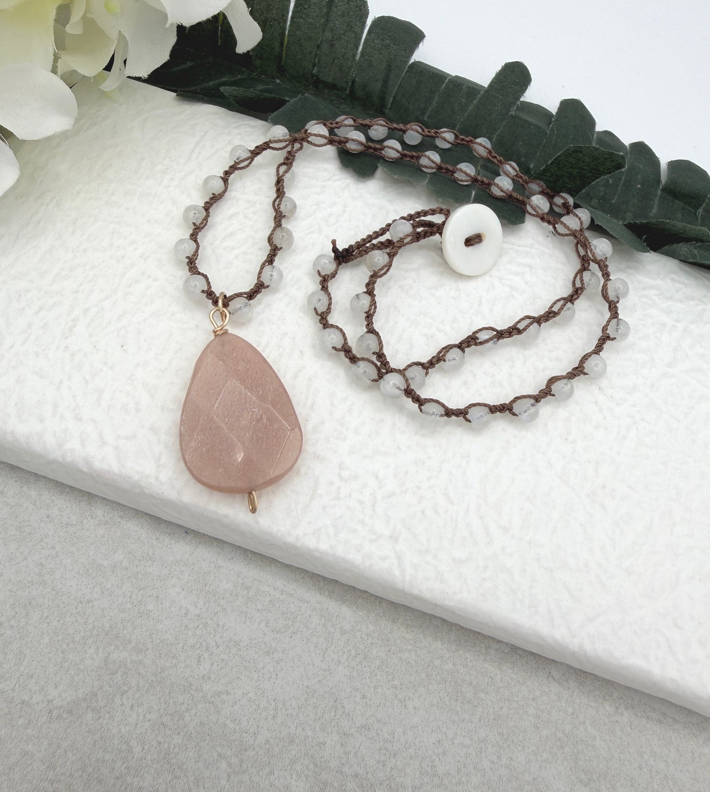 Crocheted Necklace with a Brown Cord, Moonstone Beads and a Peach Moonstone Pendant SN-706