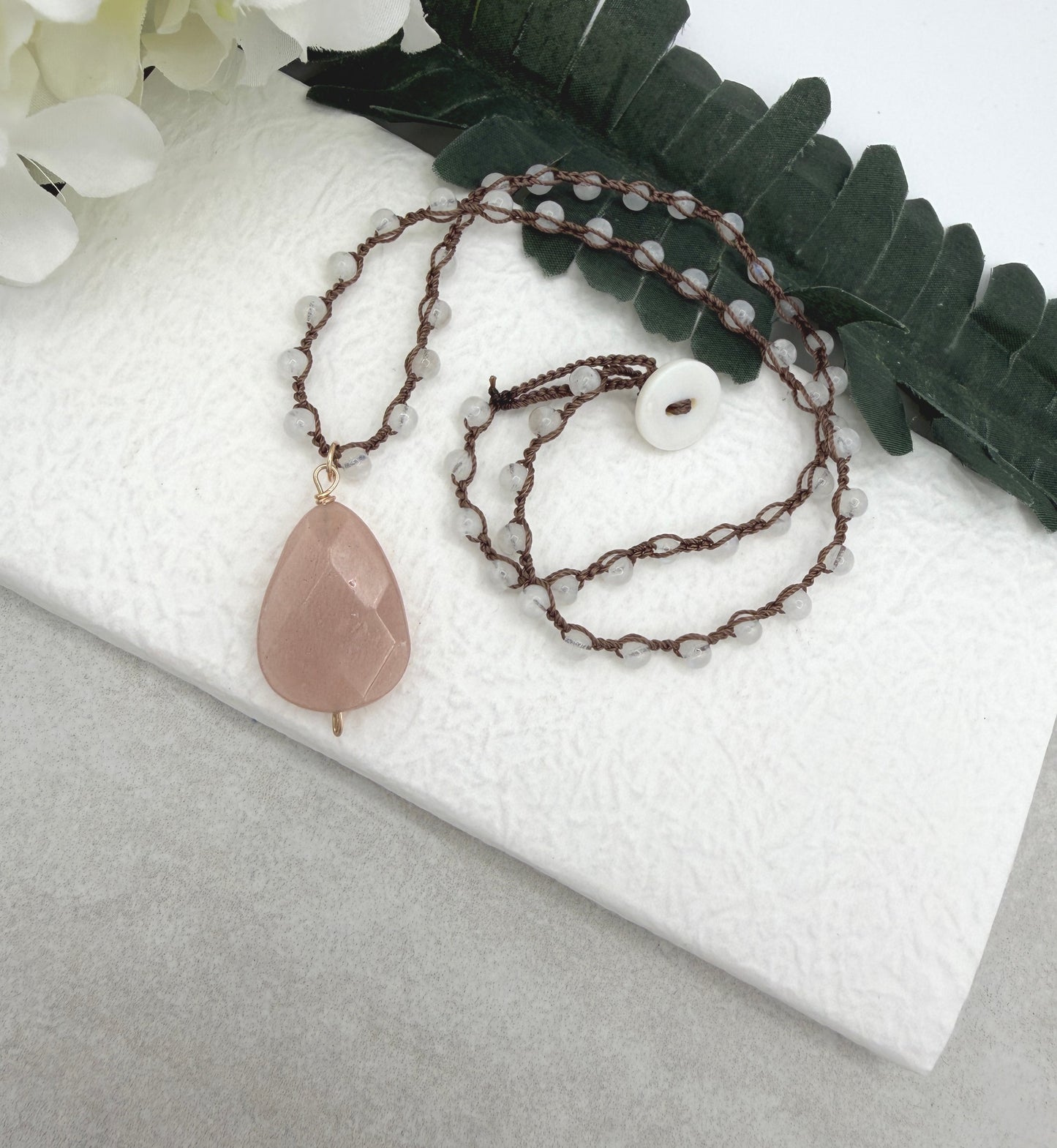 Crocheted Necklace with a Brown Cord, Moonstone Beads and a Peach Moonstone Pendant SN-706