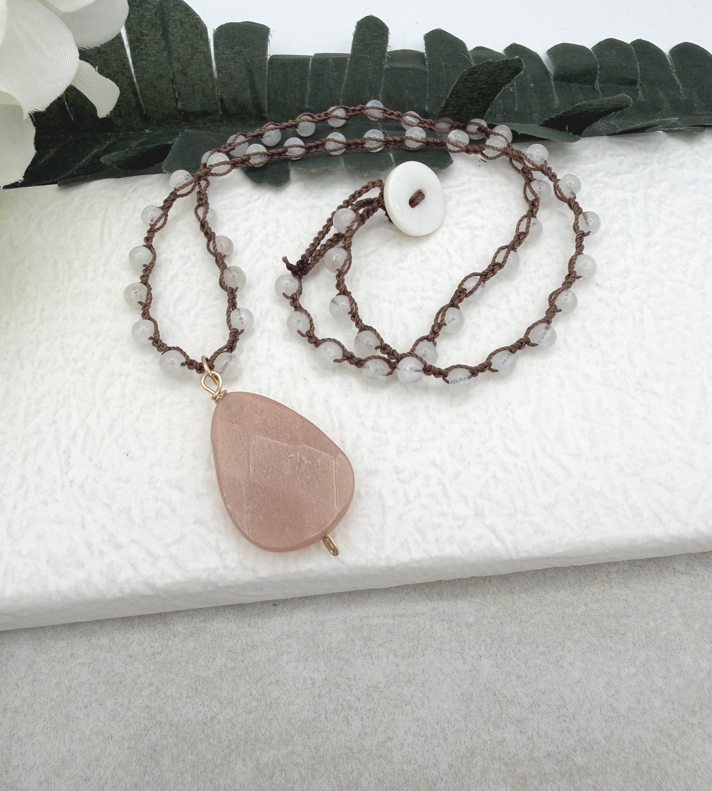 Crocheted Necklace with a Brown Cord, Moonstone Beads and a Peach Moonstone Pendant SN-706