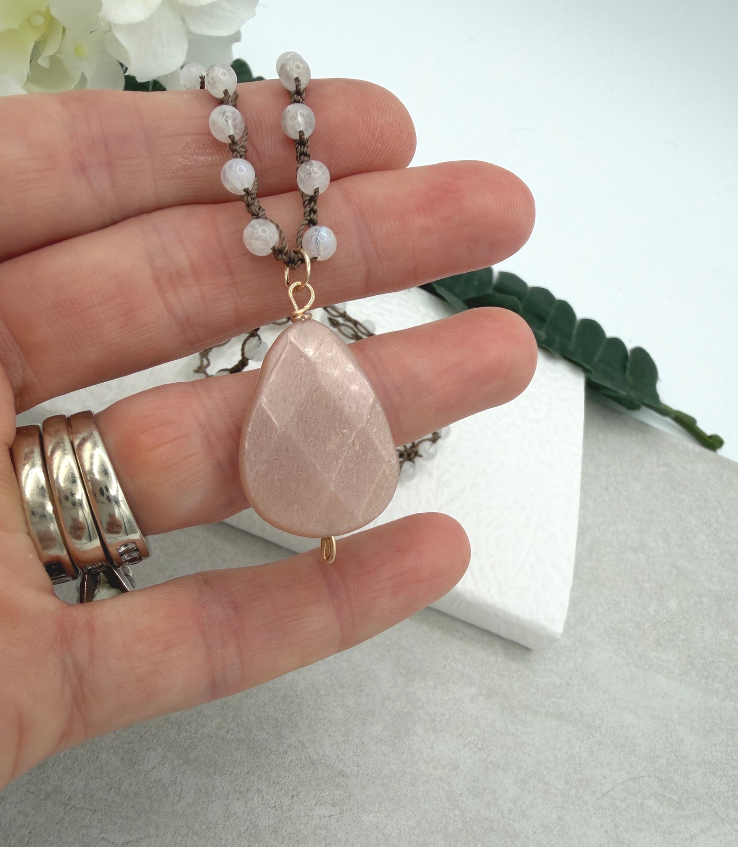 Crocheted Necklace with a Brown Cord, Moonstone Beads and a Peach Moonstone Pendant SN-706
