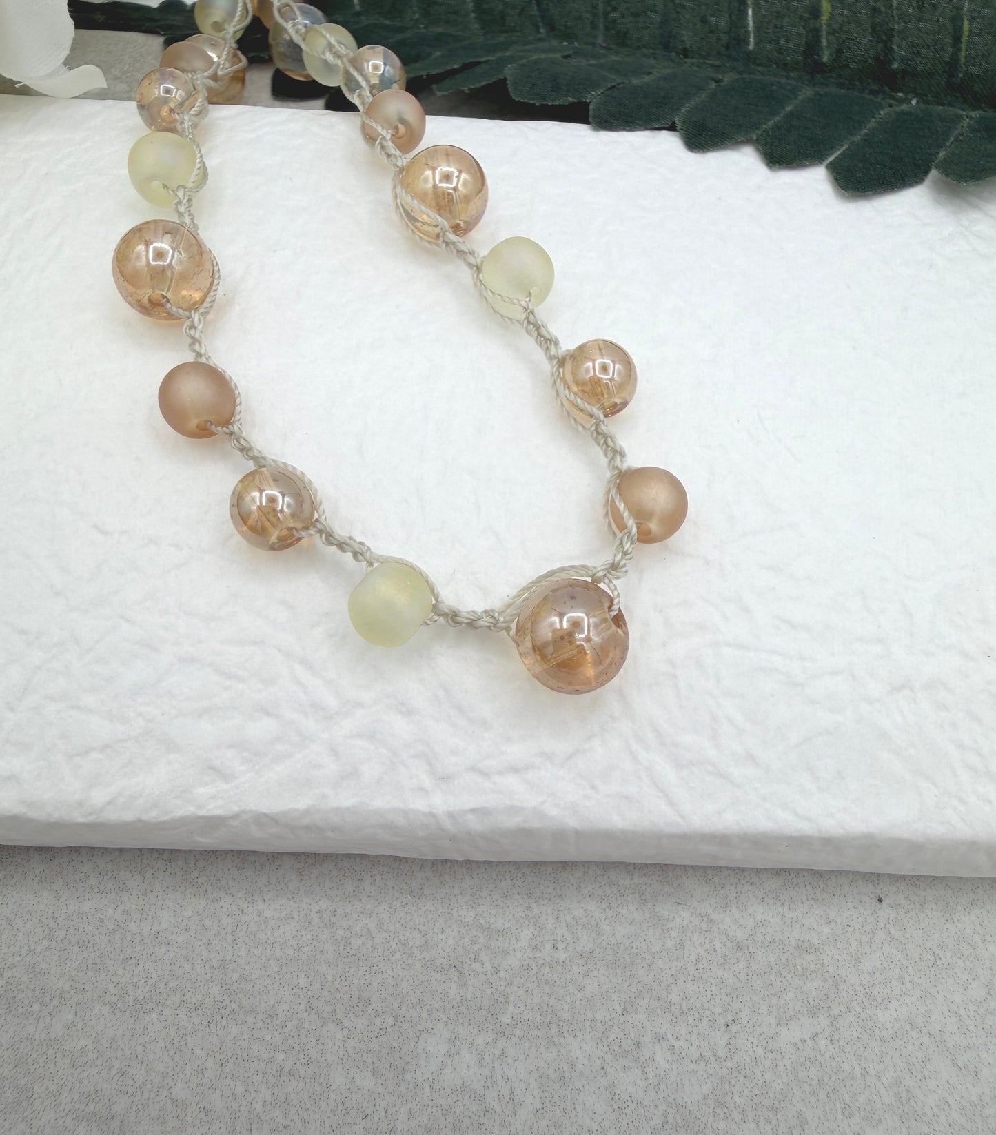 Crocheted Necklace with a Cream Cord, Frosted Cream and Gold Glass and Gold AB Glass Beads SN-709