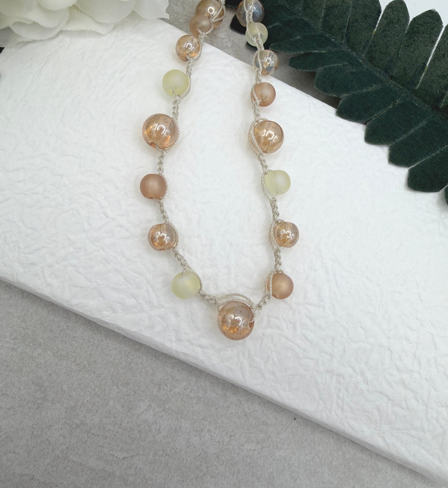 Crocheted Necklace with a Cream Cord, Frosted Cream and Gold Glass and Gold AB Glass Beads SN-709