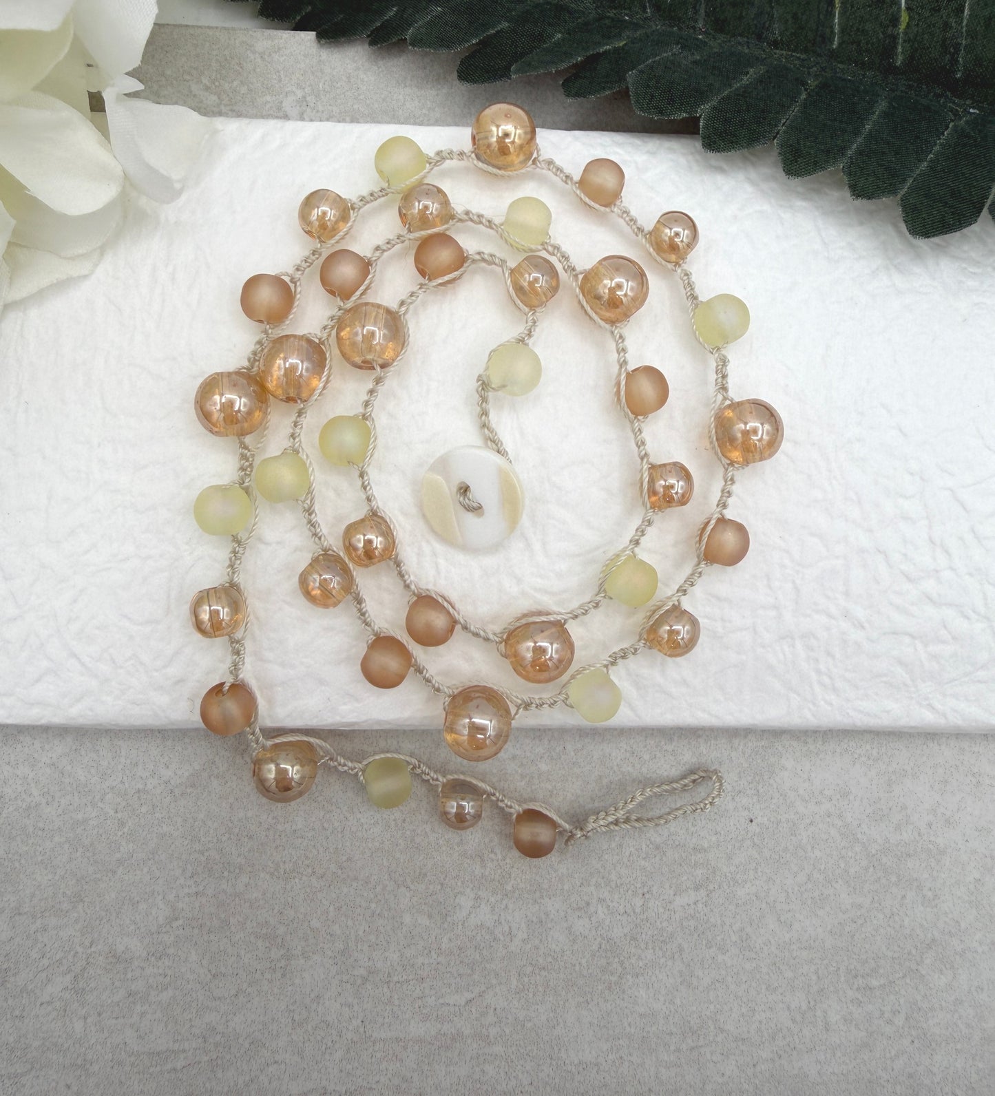 Crocheted Necklace with a Cream Cord, Frosted Cream and Gold Glass and Gold AB Glass Beads SN-709