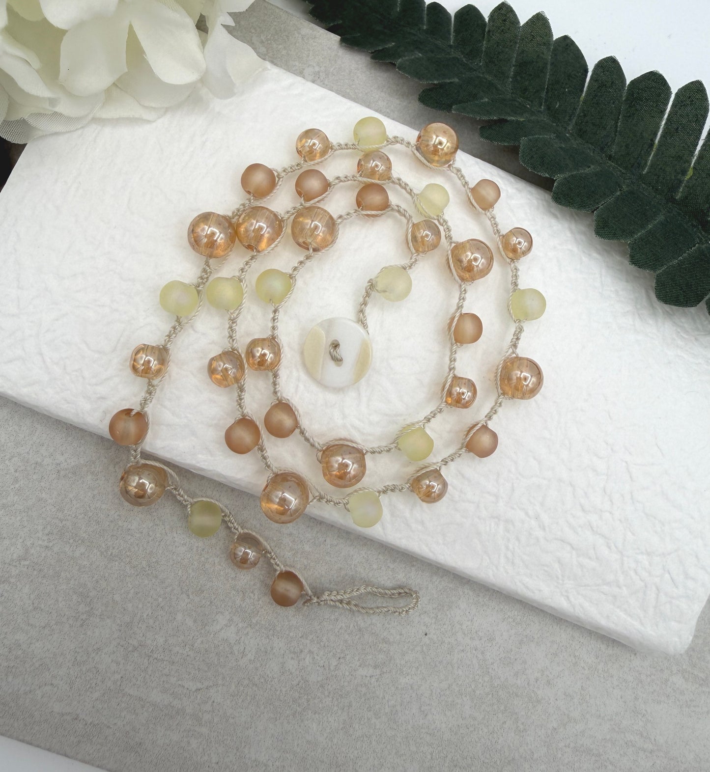 Crocheted Necklace with a Cream Cord, Frosted Cream and Gold Glass and Gold AB Glass Beads SN-709