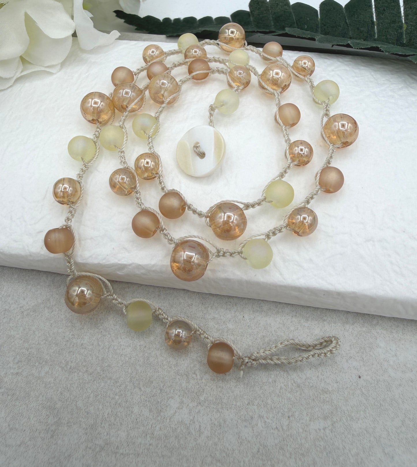 Crocheted Necklace with a Cream Cord, Frosted Cream and Gold Glass and Gold AB Glass Beads SN-709