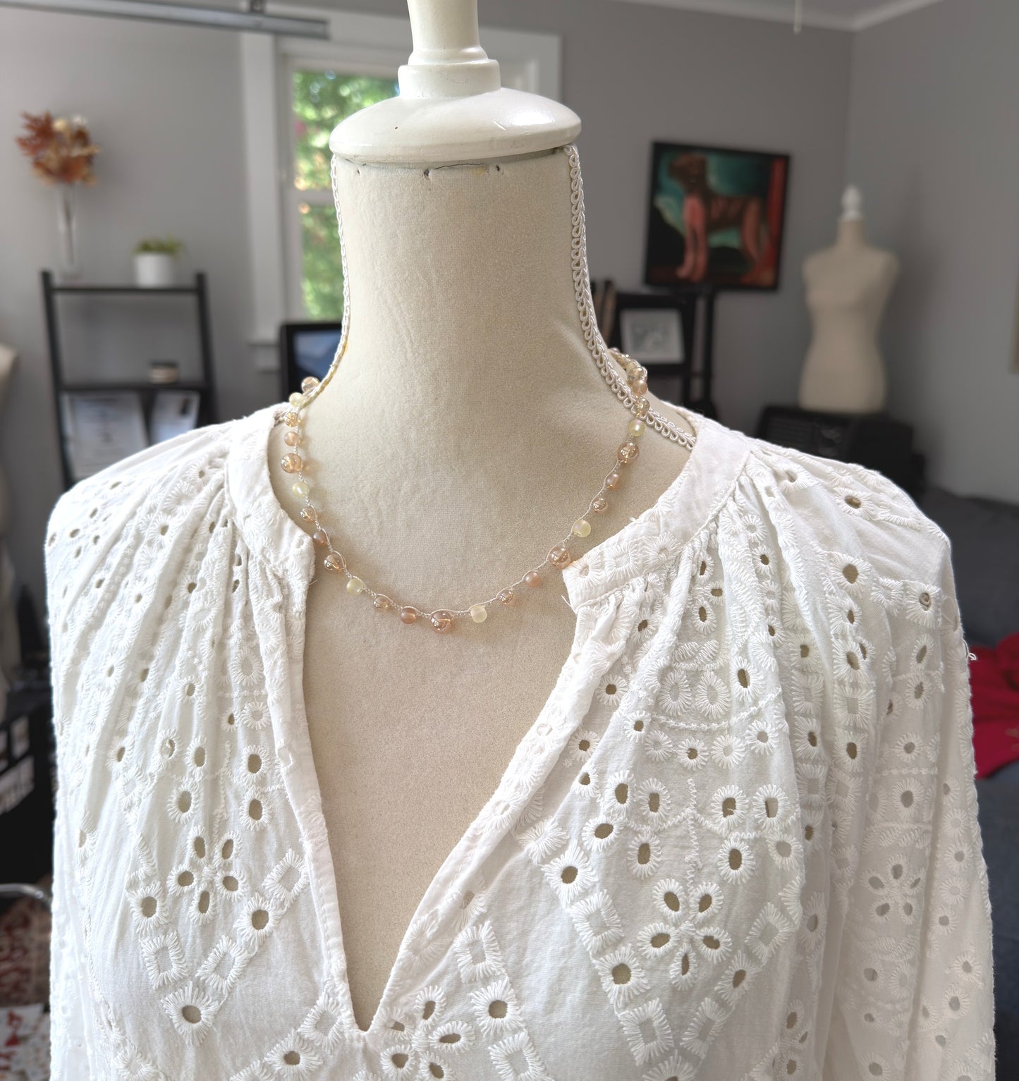 Crocheted Necklace with a Cream Cord, Frosted Cream and Gold Glass and Gold AB Glass Beads SN-709