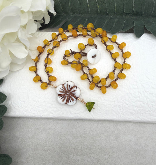 Crocheted Necklace with a Brown Cord, Yellow Jade Rondelles, a White Czech Flower and Green Leaf SN-710