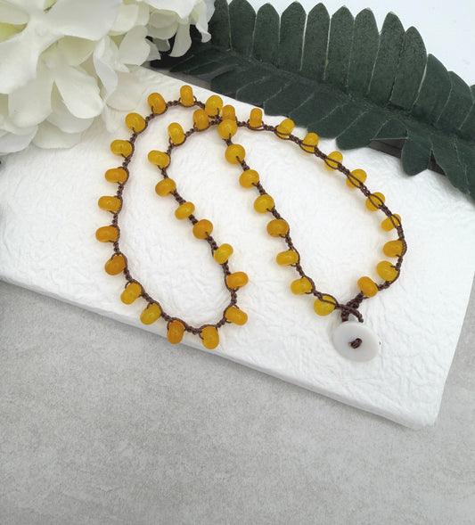 Crocheted Necklace with a Brown Cord and Yellow Jade Rondelles SN-711