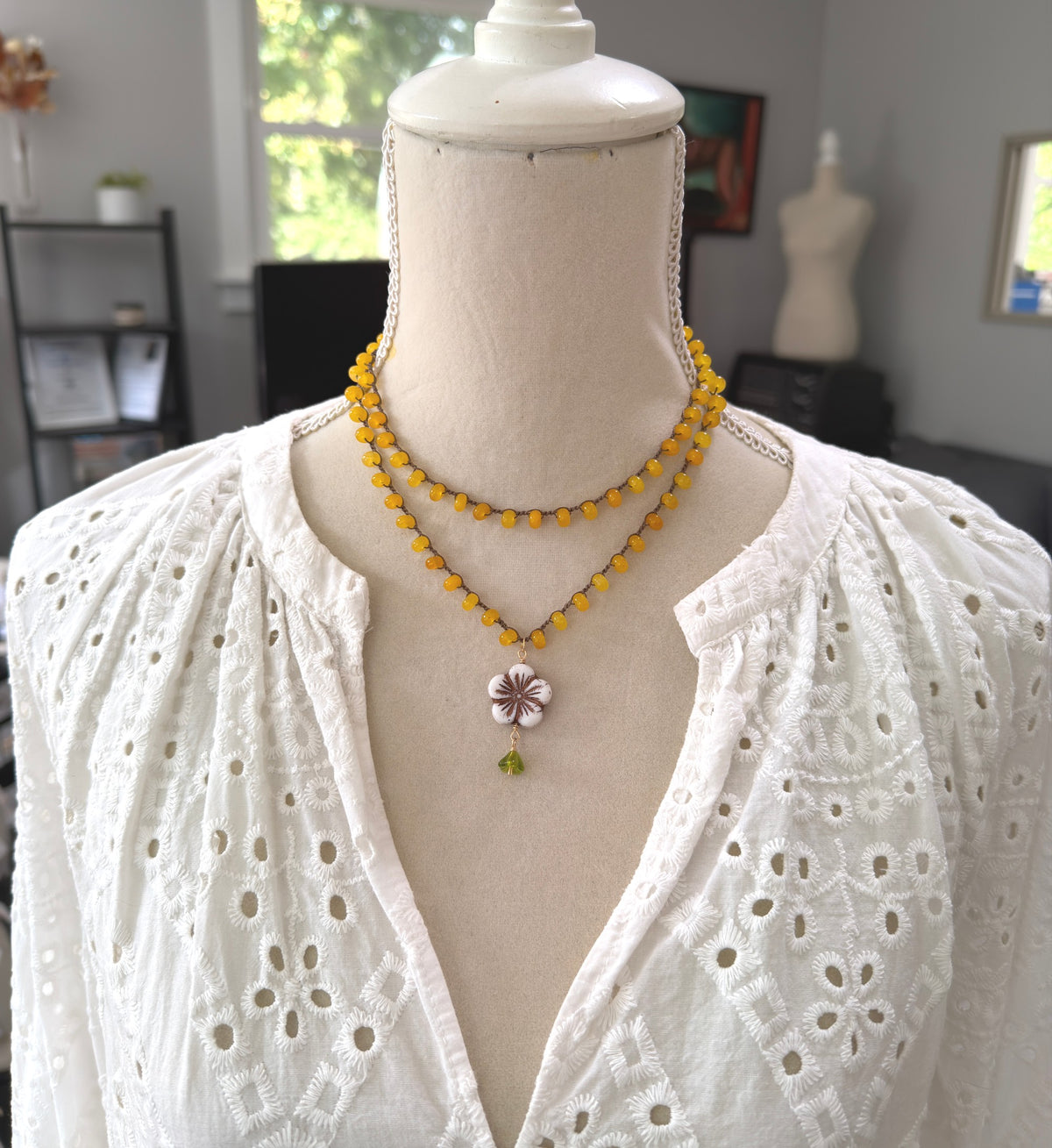 Crocheted Necklace with a Brown Cord and Yellow Jade Rondelles SN-711