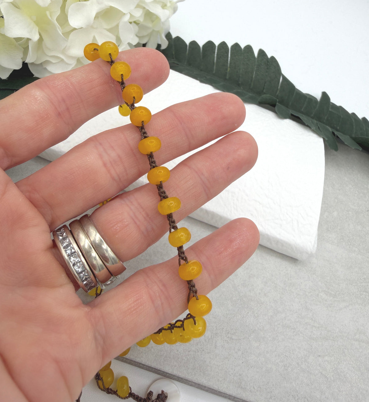 Crocheted Necklace with a Brown Cord and Yellow Jade Rondelles SN-711