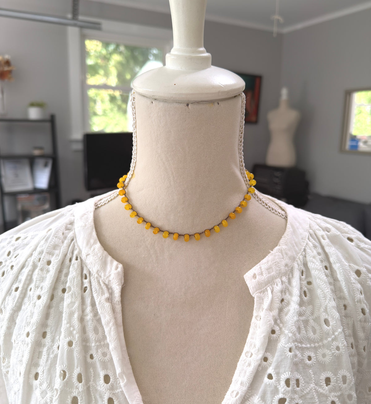 Crocheted Necklace with a Brown Cord and Yellow Jade Rondelles SN-711