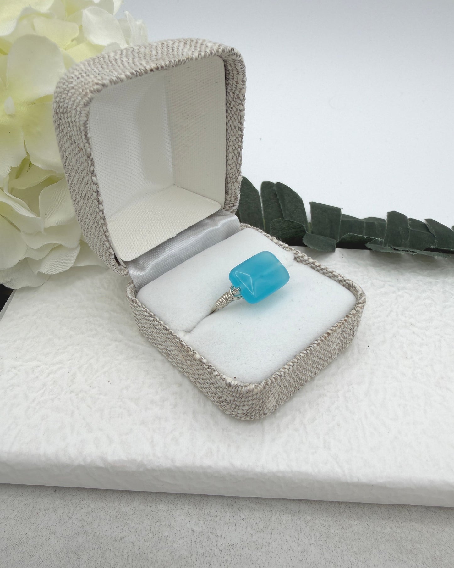 Sterling Silver Wire Wrapped Ring with a Blue Rectangular Glass Bead SR-19