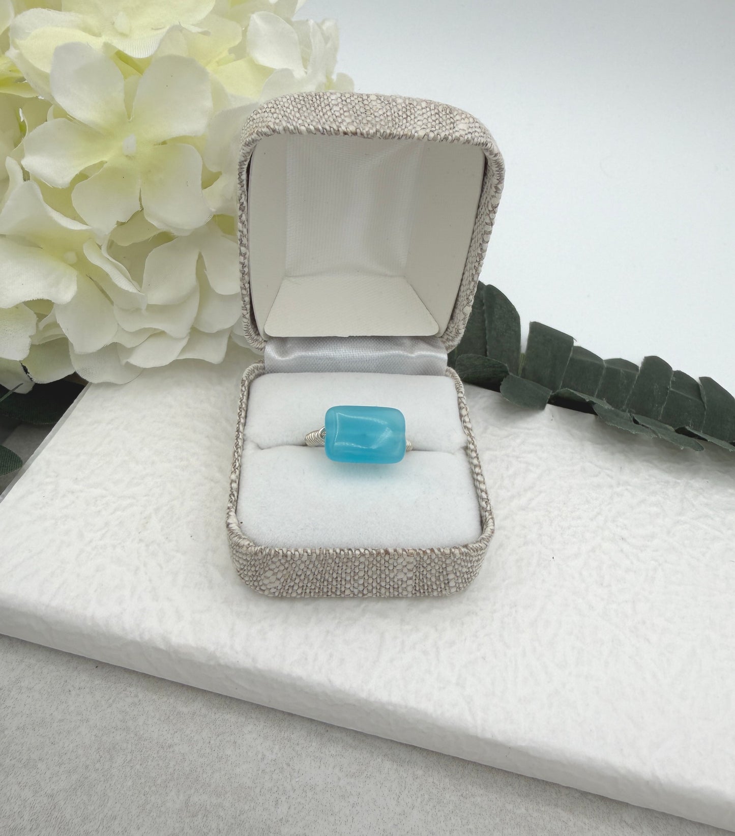 Sterling Silver Wire Wrapped Ring with a Blue Rectangular Glass Bead SR-19